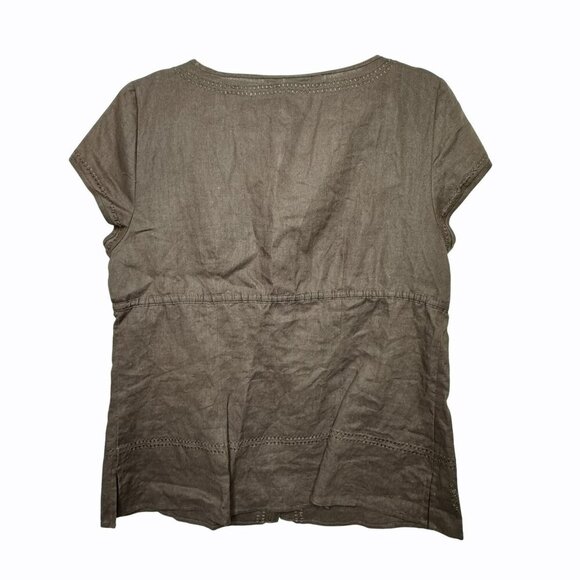 Tweeds 100% Linen Floral Embroidered Brown Button-Front Short Sleeve Blouse Sz L - Picture 2 of 5